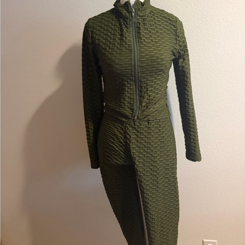 Textured Olive Green Zip Front 2 pieces